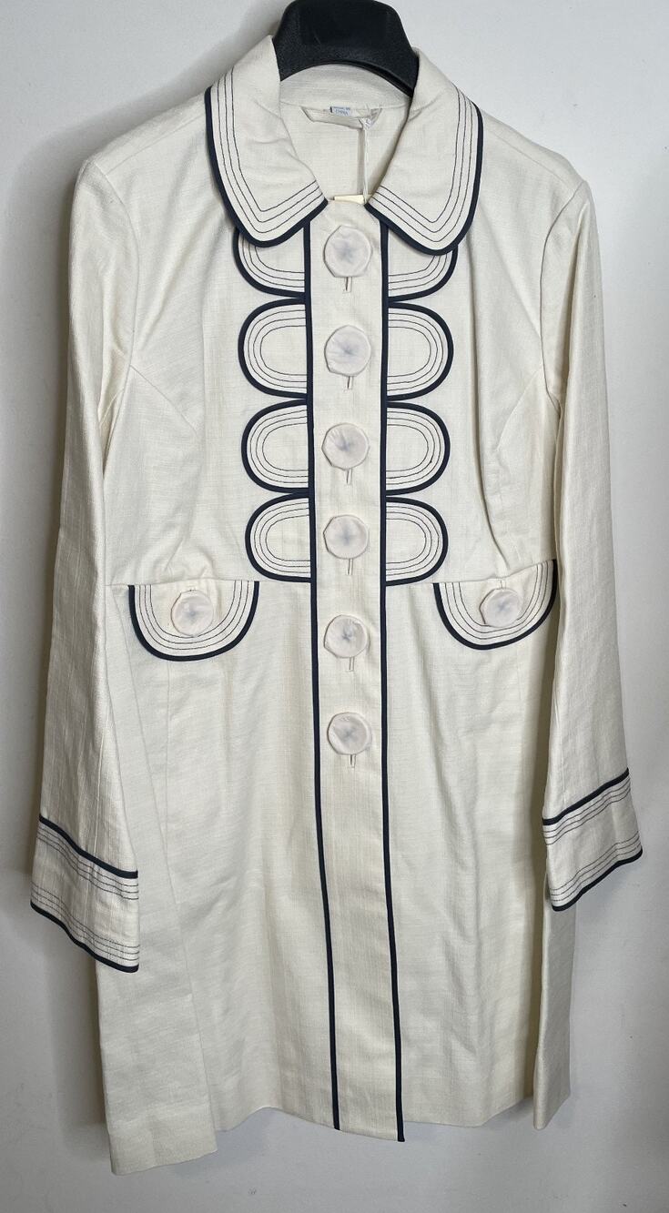 Boden White Navy Blue Scallop Trim Coat US14 NWT LS Cotton Xtra Button Bag